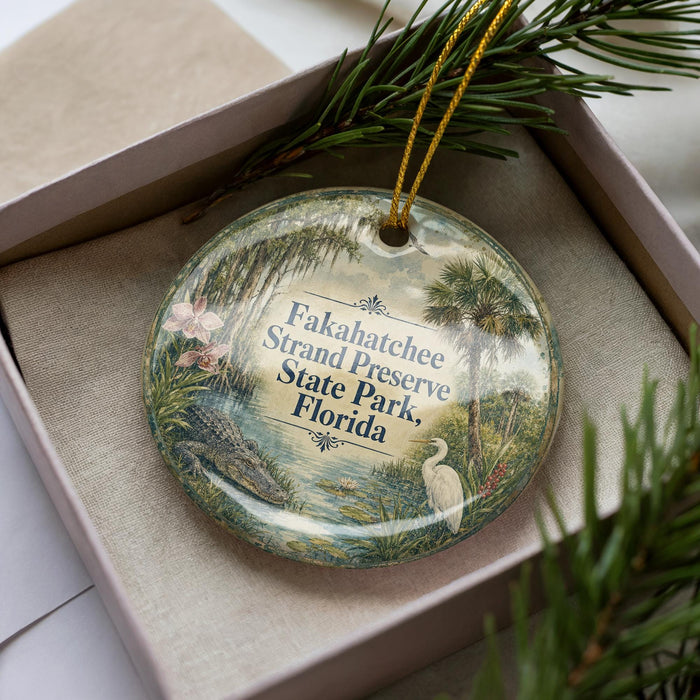 A round ornament with a floral design and text, placed in a box with pine branches.