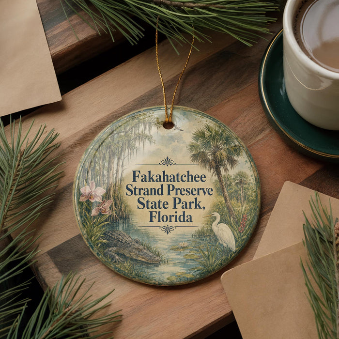 A round ornament with a tropical scene hangs on a wooden surface, surrounded by pine branches and a cup of coffee.