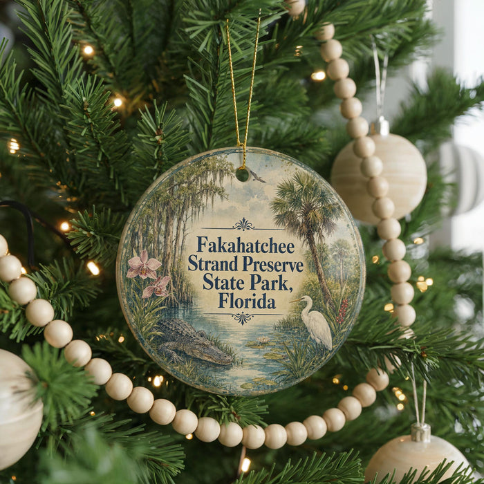 A round ornament hanging on a Christmas tree, featuring a scenic illustration of a tropical landscape with palm trees, a bird, and a body of water.