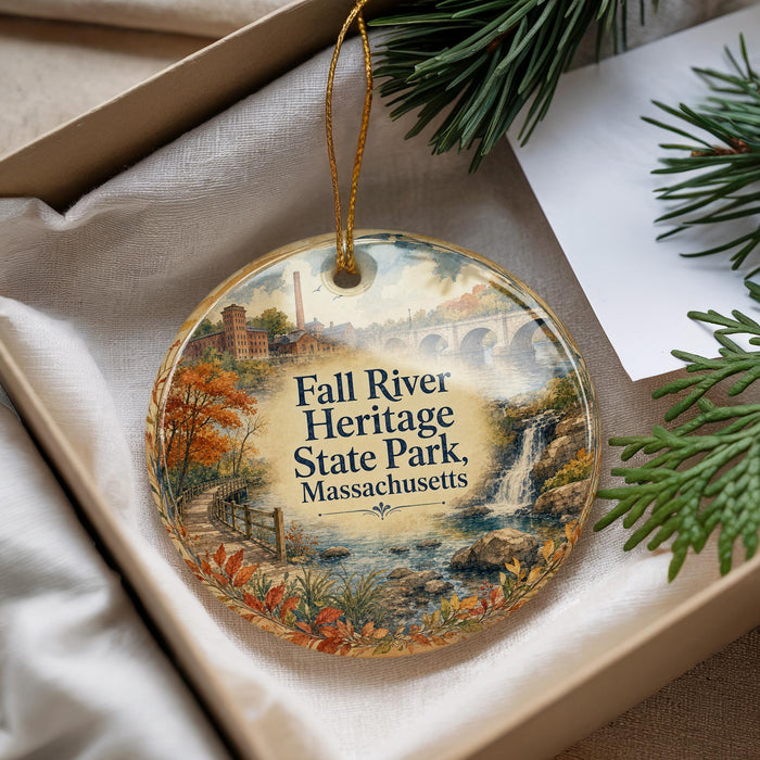 A decorative ornament with a scenic image of Fall River Heritage State Park, Massachusetts, hanging from a string.