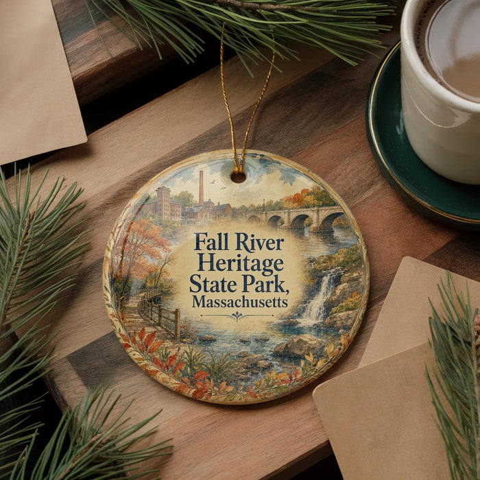 A decorative ornament featuring a scenic image of Fall River Heritage State Park in Massachusetts, with a bridge and waterfall in the background.