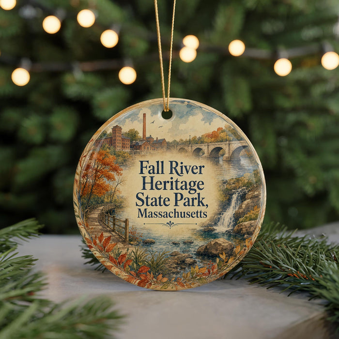 A circular ornament with a scenic image of Fall River Heritage State Park in Massachusetts, featuring a bridge, waterfall, and autumn foliage.