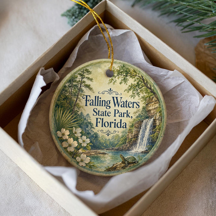 A round ornament with a scenic image of Falling Waters State Park, Florida, hanging from a string.