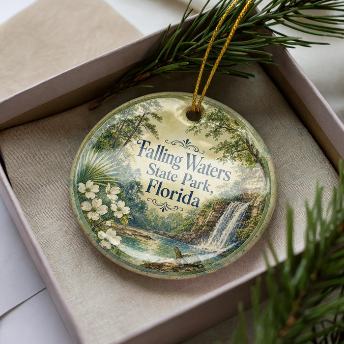 A decorative ornament in a box, featuring a scenic image of Falling Waters State Park in Florida.