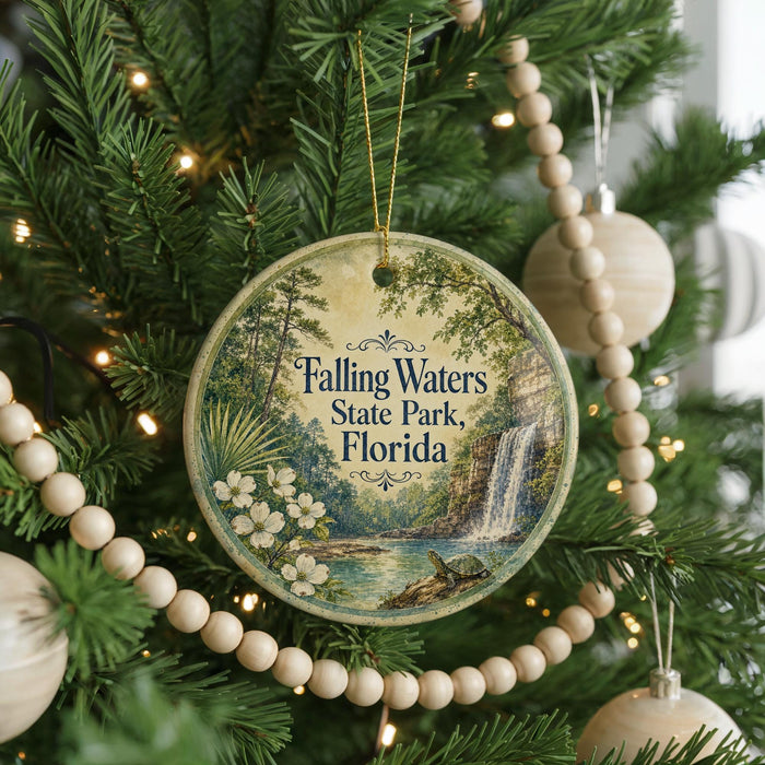 A round ornament hanging on a Christmas tree, featuring a scenic image of Falling Waters State Park in Florida.