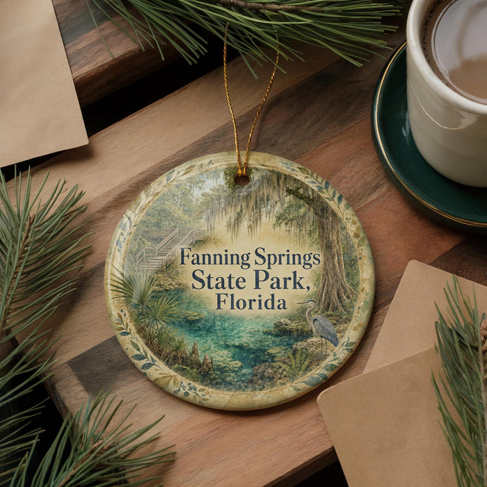 A decorative ornament with the text "Fanning Springs State Park, Florida" on it, surrounded by pine branches and a cup of coffee on a wooden surface.