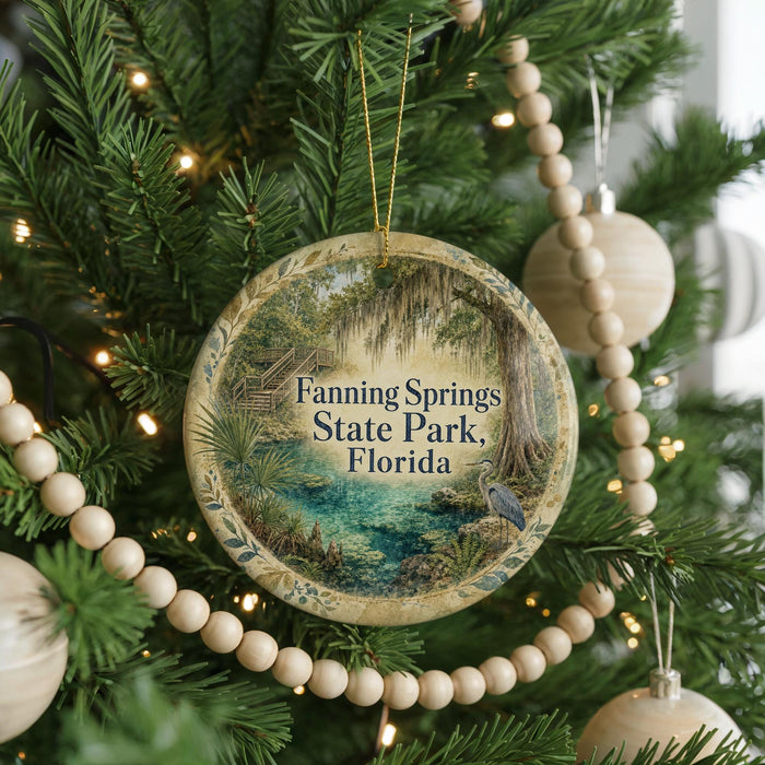 A round ornament on a Christmas tree, featuring a scenic image of Fanning Springs State Park in Florida.