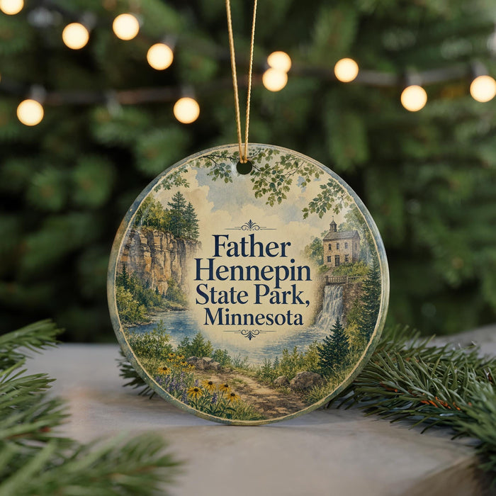A round ornament with a scenic landscape of a waterfall and a house, surrounded by greenery, is displayed in front of a blurred background with twinkling lights.