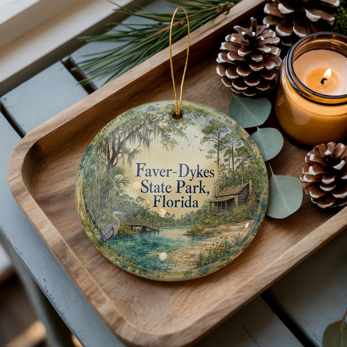 A wooden tray with a decorative ornament featuring a scenic landscape of Faverdys State Park, Florida, and pine cones.