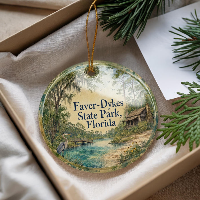 A round ornament with a scenic image of Faver-Dykes State Park, Florida, hanging from a string.