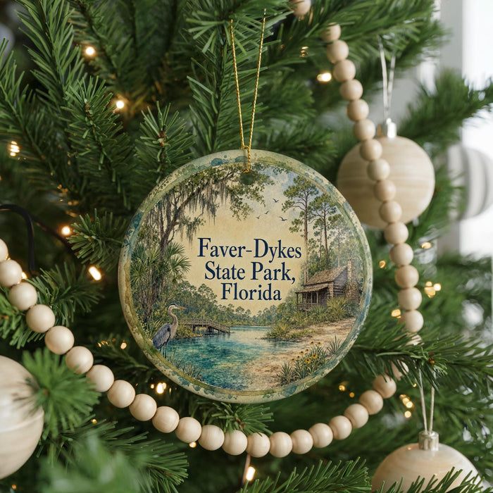 A round ornament hanging on a Christmas tree, featuring a scenic image of Faver-Dykes State Park, Florida.