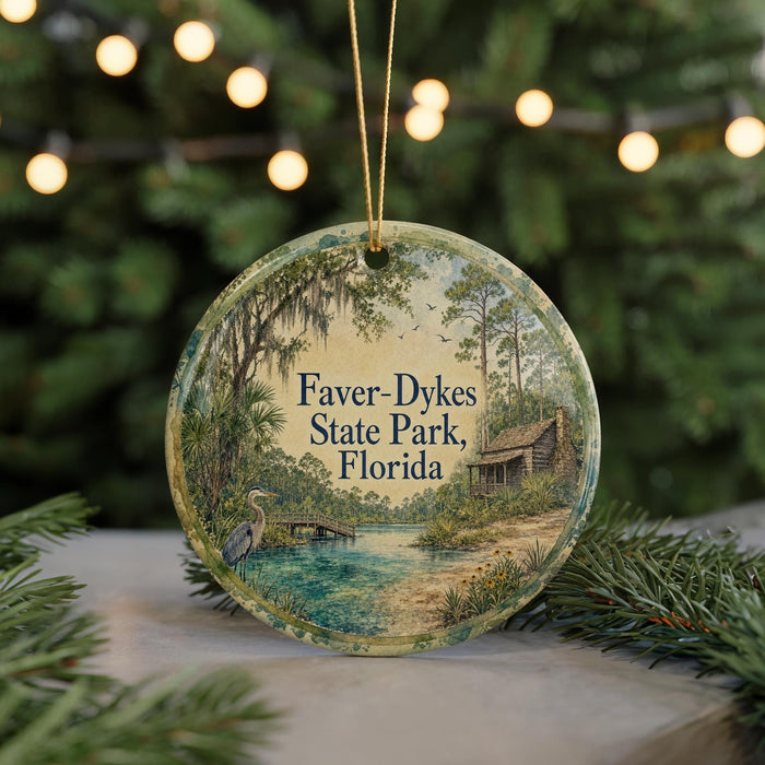 A round ornament with a painting of a bird and a cabin in a forest setting, surrounded by greenery and a body of water.