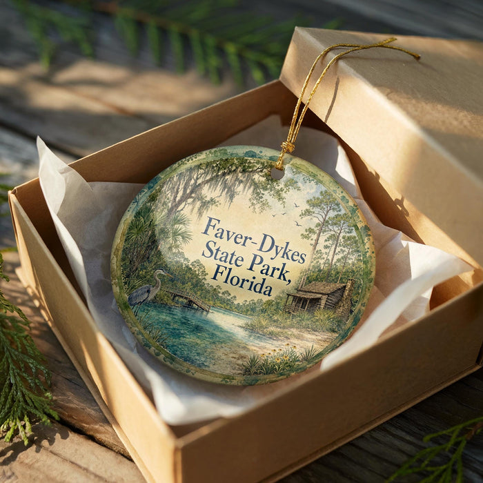 A round ornament in a brown box, featuring a scenic landscape with a lake, trees, and a cabin, with the text "Faver-Dykes State Park, Florida" printed on it.