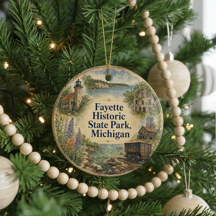A round ornament hanging on a Christmas tree, featuring a scenic image of Fayette Historic State Park, Michigan.