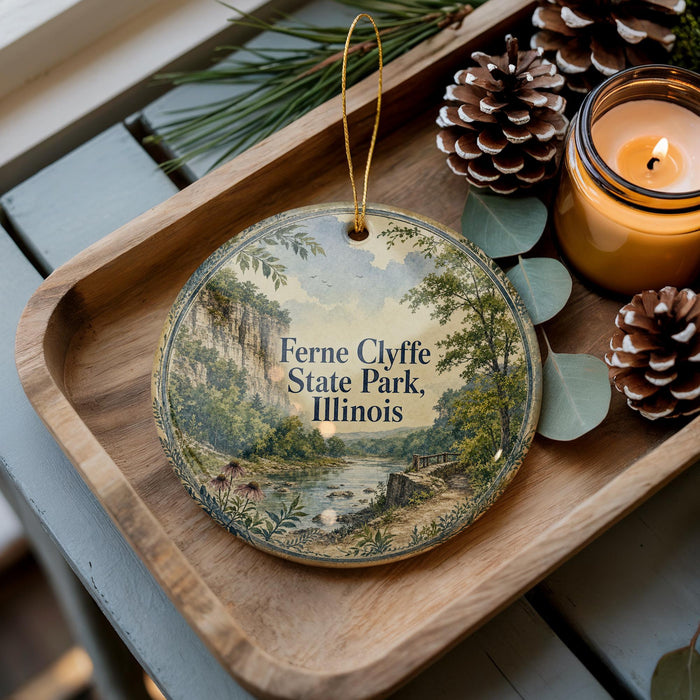 A decorative ornament featuring a scenic landscape of Fernne Clyffe State Park, Illinois, with pine cones and a lit candle on a wooden tray.