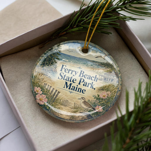 A decorative ornament in a box, featuring a beach scene with a bird and flowers, and the text "Ferry Beach State Park, Maine".