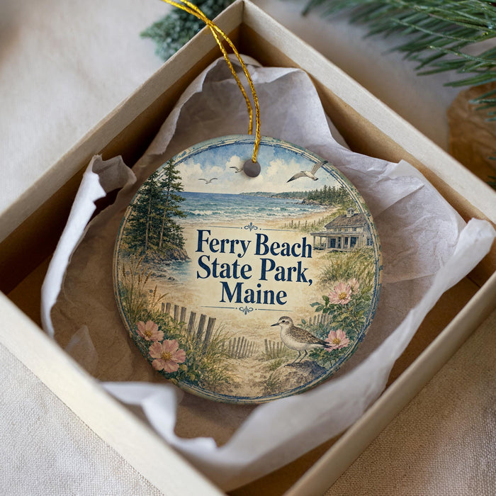 A decorative ornament in a box, featuring a beach scene with a bird and flowers, and the text "Ferry Beach State Park, Maine".