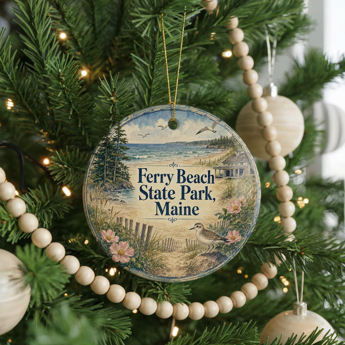 A round ornament hanging on a Christmas tree, featuring a scenic image of a beach and park with a bird in flight.