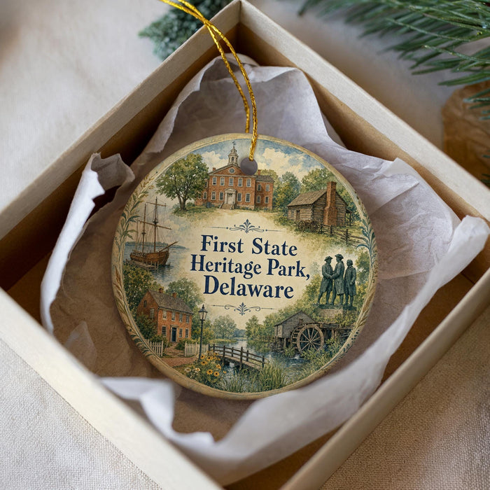 A decorative ornament in a white box, featuring illustrations of historic buildings and scenes from the First State Heritage Park in Delaware.