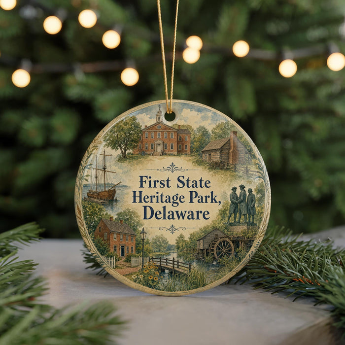 A circular ornament with a design depicting scenes from First State Heritage Park, Delaware, surrounded by Christmas lights.
