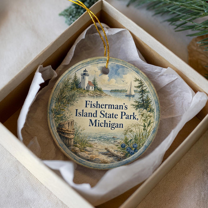 A round ornament with a lighthouse and a sailboat, placed in a box with a white tissue paper lining.