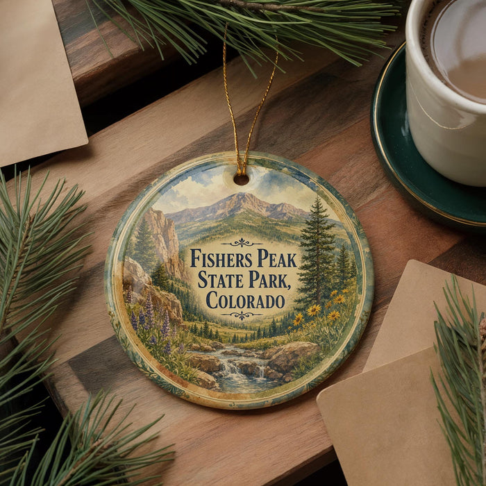 A round ornament with a scenic mountain landscape and text, hanging on a wooden surface next to a cup of coffee and pine branches.