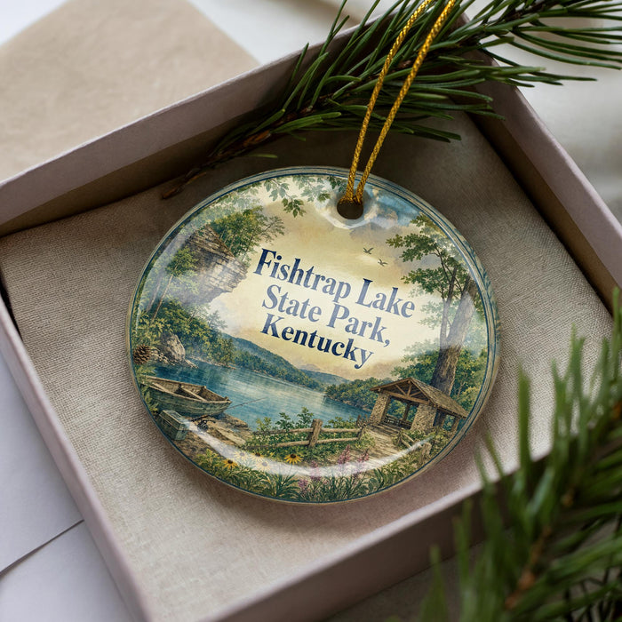 A decorative ornament in a box, featuring a scenic image of Fish Trap Lake State Park, Kentucky.