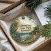 A round ornament with a scenic image of Fishtraps Lake State Park, Kentucky, hanging from a string.