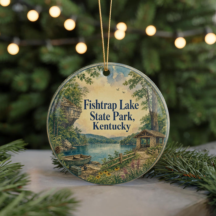 A round ornament with a scenic image of Fish Trap Lake State Park, Kentucky, featuring a cabin, a lake, and a mountain backdrop.