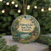 A round ornament with a scenic image of Fish Trap Lake State Park, Kentucky, featuring a cabin, a lake, and a mountain backdrop.