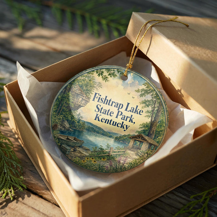 A round ornament in a box, depicting a scenic view of Fish Trap Lake State Park in Kentucky.