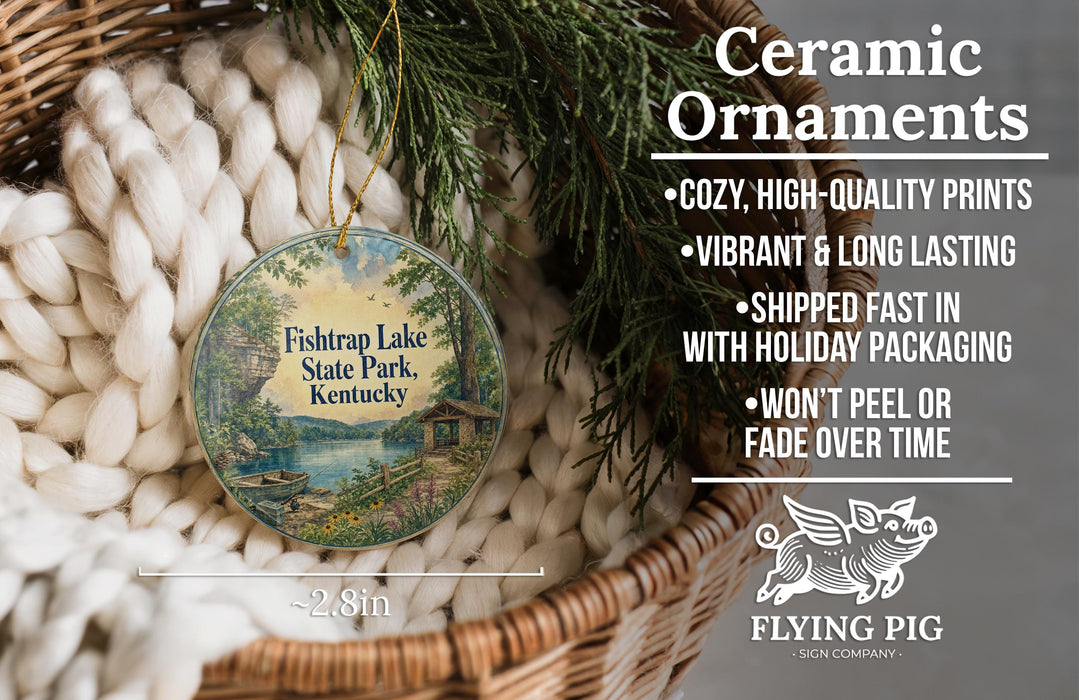 Ceramic ornaments, featuring a scenic image of Fishtrap Lake State Park, Kentucky, hanging from a wicker basket.