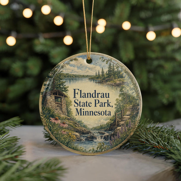 A round ornament with a scenic landscape of a lake, forest, and waterfall, featuring the text "Flandbrau State Park, Minnesota" on it.