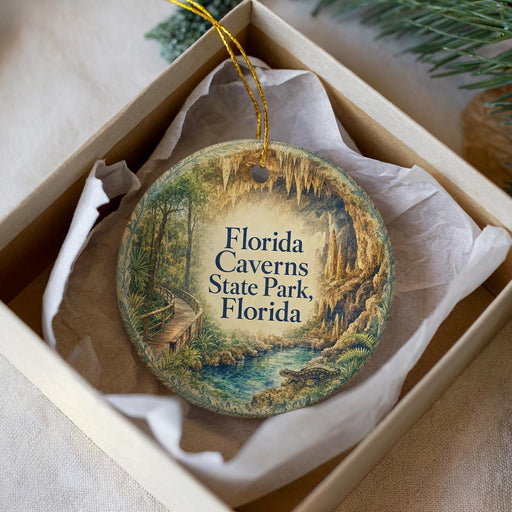 A circular ornament with a scenic illustration of a cave, featuring a winding path and a body of water, is displayed in a box.