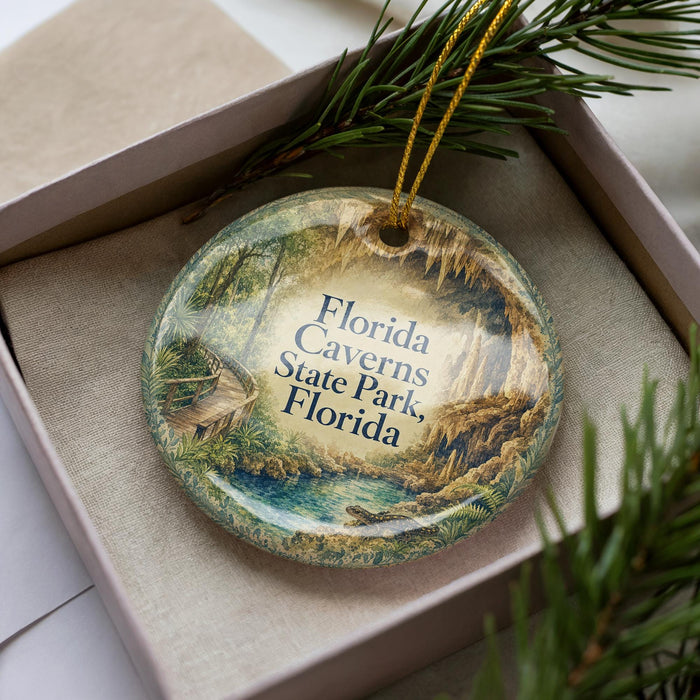A decorative ornament with a scenic image of the Florida Caves State Park, featuring a cave, water, and greenery.