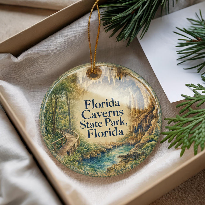 A round ornament with a scenic image of a forest and a winding path, surrounded by greenery, placed in a box with pine branches.