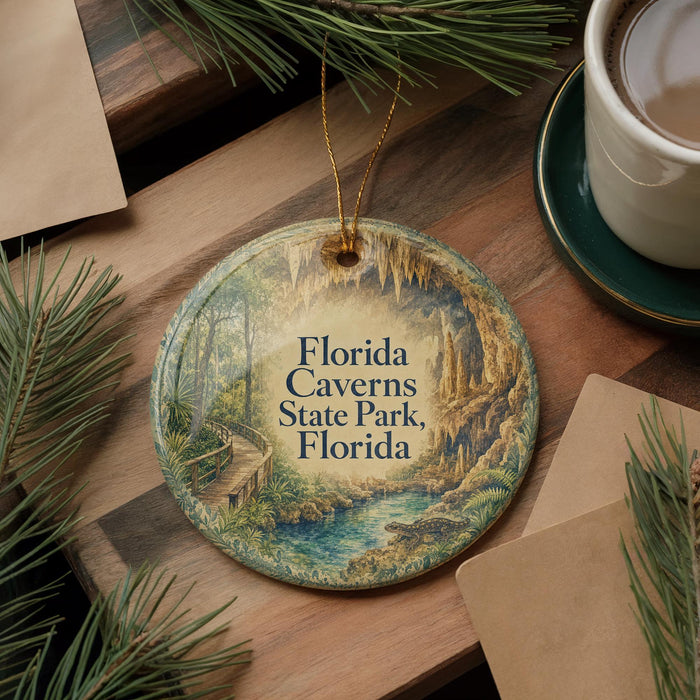 A round ornament with a scenic image of a cave and a path, surrounded by pine branches and a cup of coffee on a wooden surface.