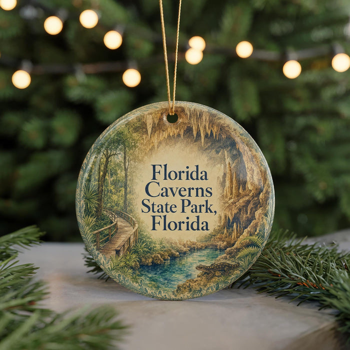 A circular ornament with a scenic illustration of the Florida Caves State Park, featuring a winding path, a river, and a forest landscape.