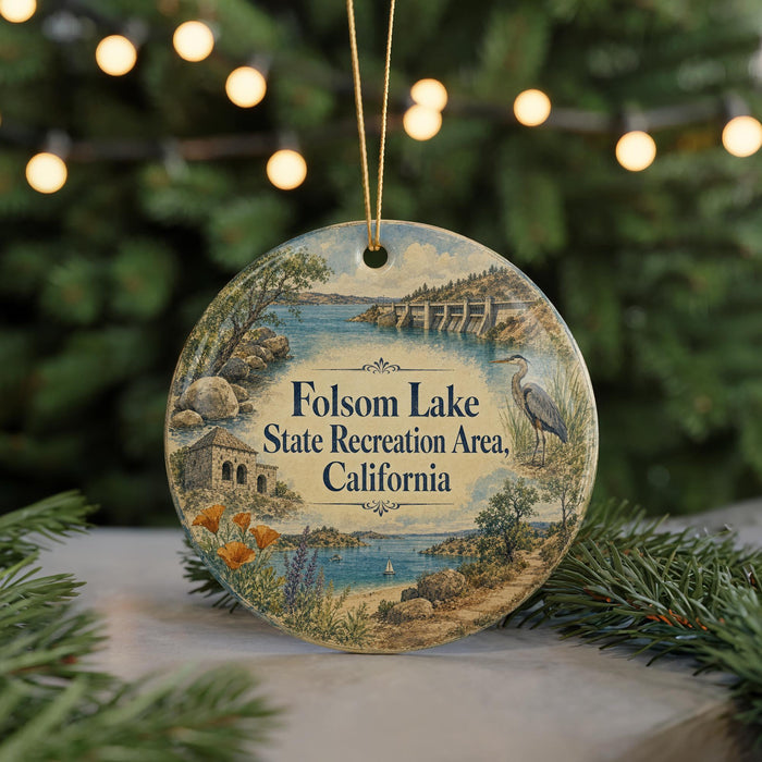 A round ornament with a scenic illustration of a lake and surrounding landscape, featuring text that reads "Folsom Lake State Recreation Area, California".