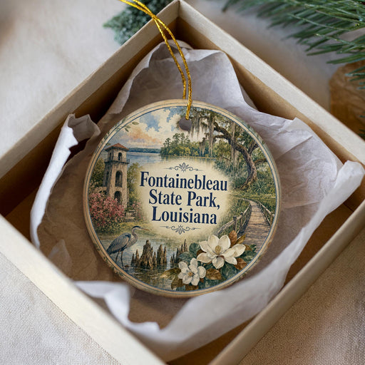 A decorative ornament in a box, featuring a scenic landscape with a lighthouse, flowers, and a path leading to a body of water.
