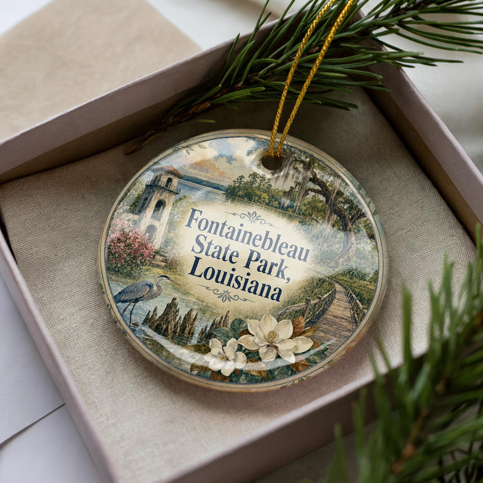 A decorative ornament in a box, featuring a scenic image of Fontebleau State Park in Louisiana.