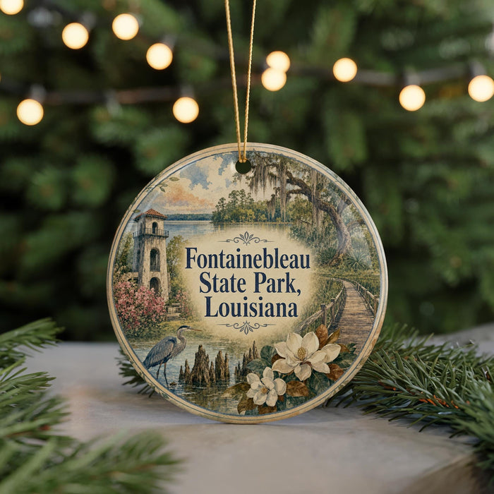 A round ornament with a painting of a park scene, featuring a lighthouse, trees, and flowers, hanging from a string.