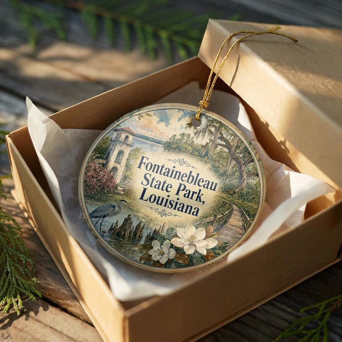 A decorative ornament in a box, featuring a scenic landscape with a building, trees, and flowers.