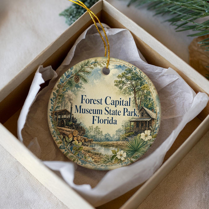 A decorative ornament in a box, featuring a scenic landscape with a house, trees, and a body of water.