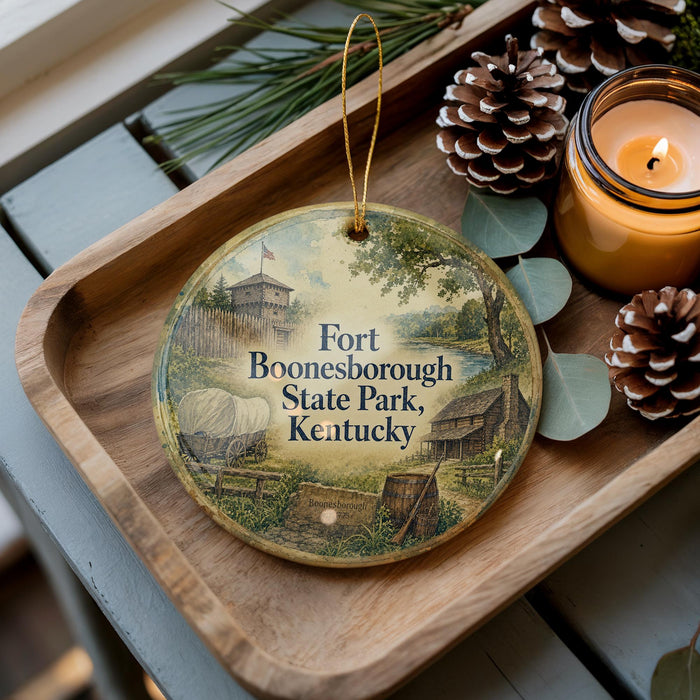 A round ornament on a wooden tray, featuring an illustration of Fort Boone, Kentucky, with a candle and pine cones nearby.
