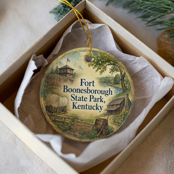 A round ornament with a picture of a wagon and a building, surrounded by greenery, placed in a box with a white tissue paper lining.
