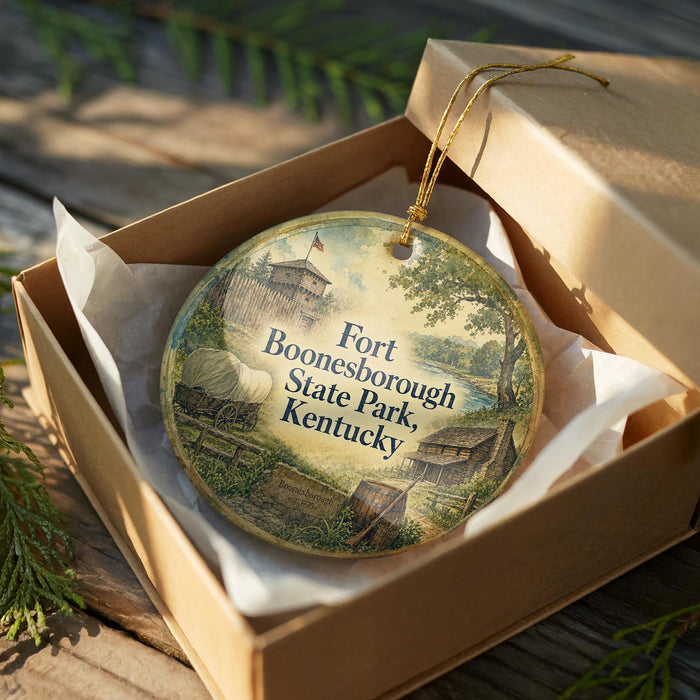 A circular ornament in a wooden box, featuring an illustration of a historical wagon and a castle, with the text "Fort Boonesborough State Park, Kentucky,ucky" printed on it.