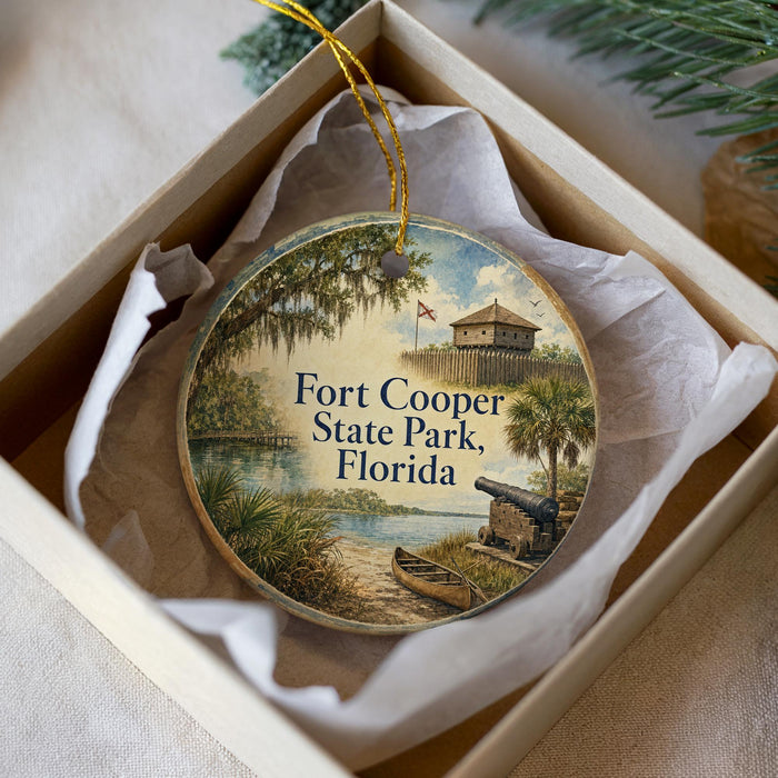 A round ornament with a painting of a coastal scene, featuring a lighthouse, palm trees, and a body of water, is displayed in a box.