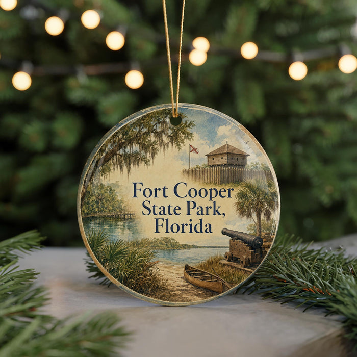 A round ornament with a painting of Fort Cooper State Park in Florida, featuring a castle, palm trees, and a boat on the water.