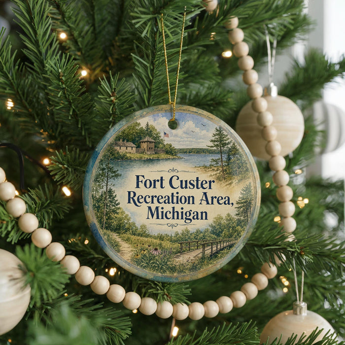A round ornament hanging on a Christmas tree, featuring a scenic landscape with a lake and a small town.
